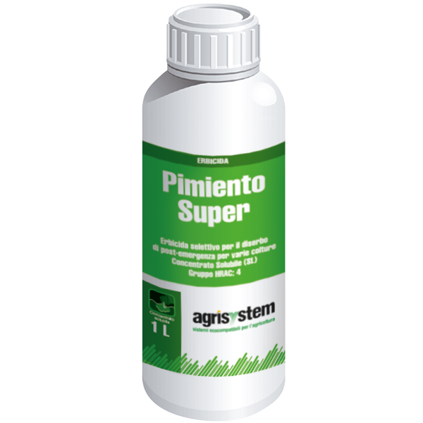 PIMIENTO SUPER (2,4 D acido g 50,0 (=600 g/L) equivalente a g 60,2 (=722 g/L) di 2,4D sale dimetilamminico Coformulanti q. b. a g 100)